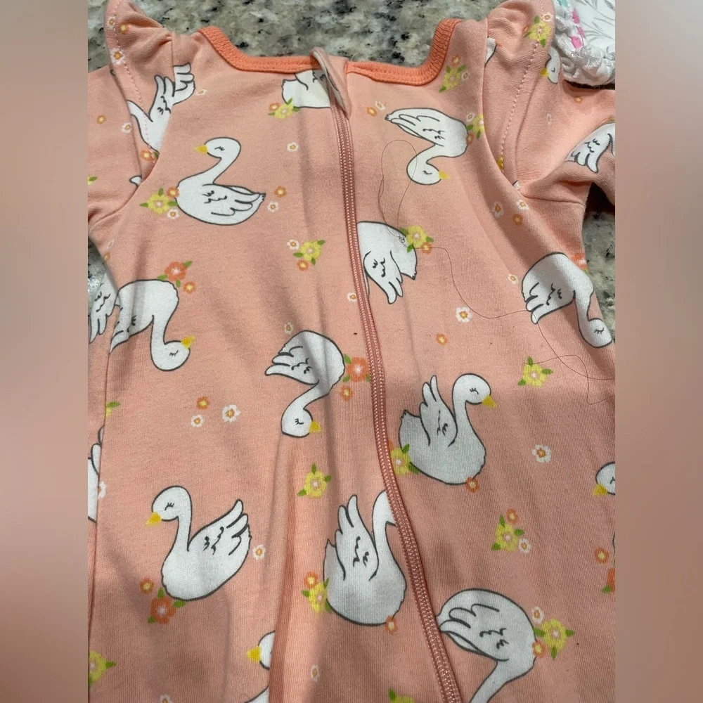 Lot of 2 Long Sleeves feet in jumpers NEWBORN Floral & Swan Print One Pieces